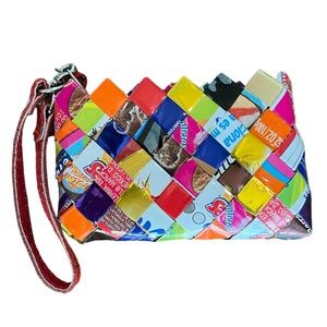 NAHUI OLLIN Woven Multi Color Wrapper Small Wristlet with Red Strap
